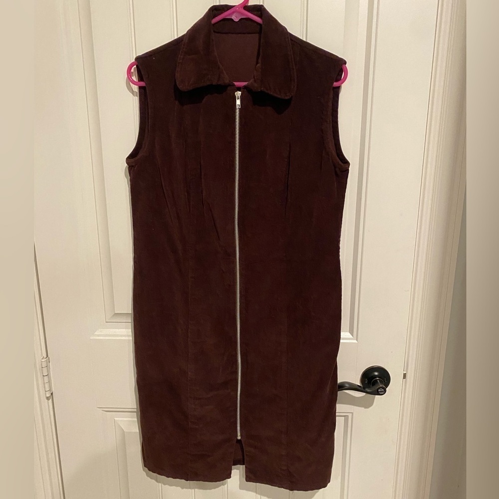 Retro Vintage Brown women corduroy dress, sleeveless sz Large, zip up, 70s style - Picture 5 of 6